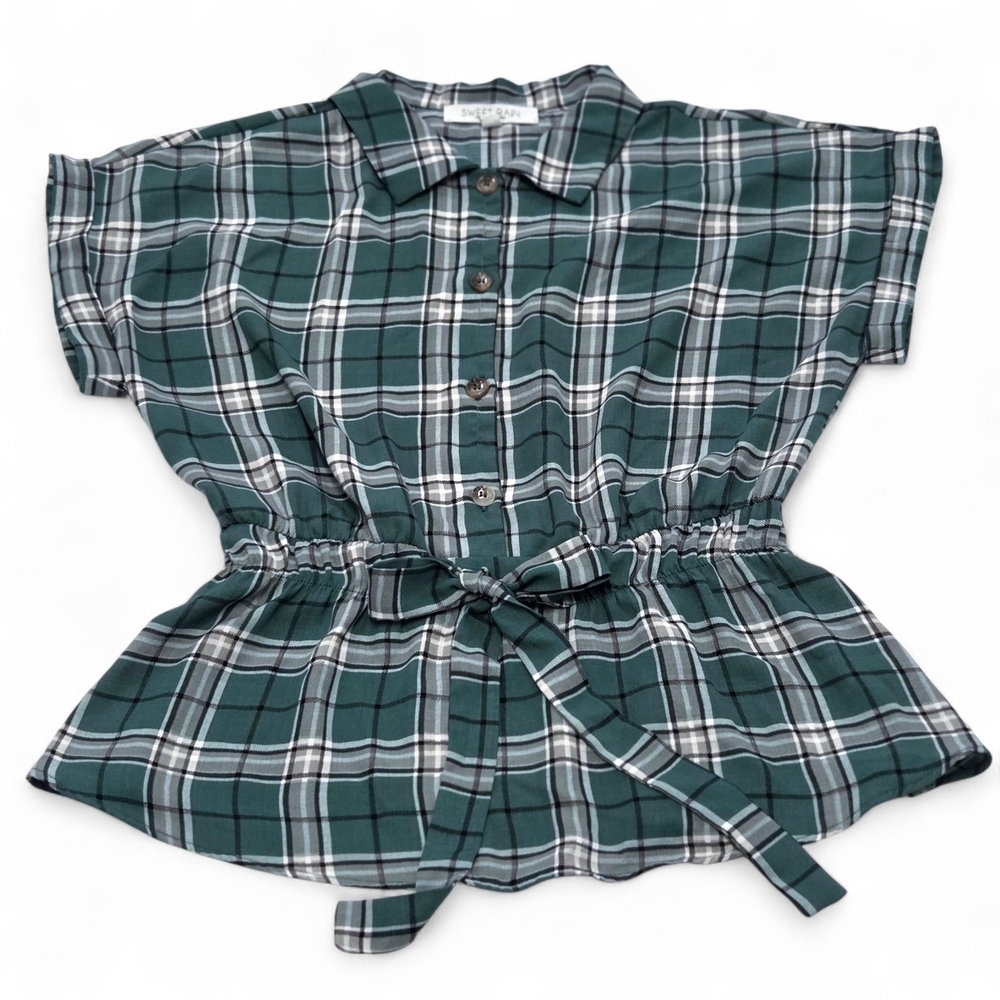 Sweet Rain Teal Green Plaid Women's Peplum Short-Sleeve Blouse Size Large EUC